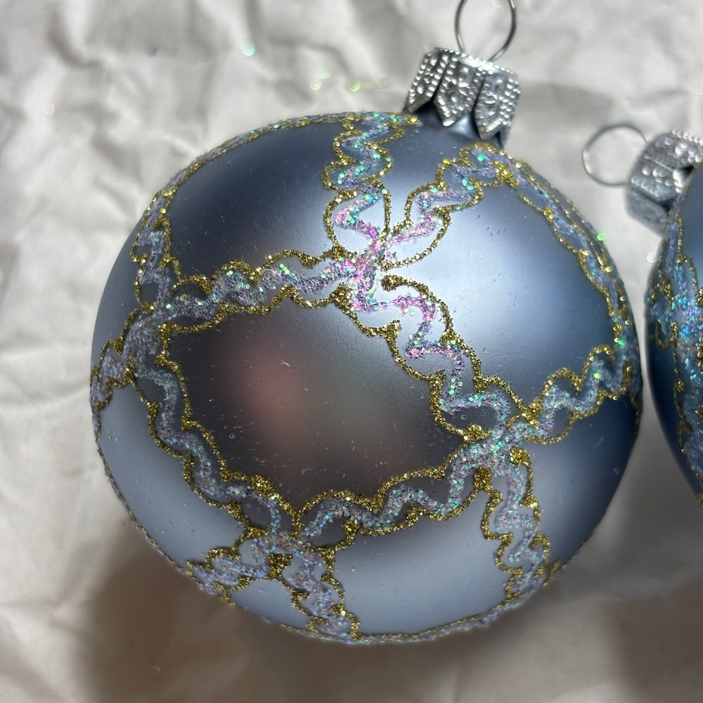 Crate&Barrel Christmas Ornaments Silverish Blue Glitter Trellis Set of 2 - Picture 2 of 9